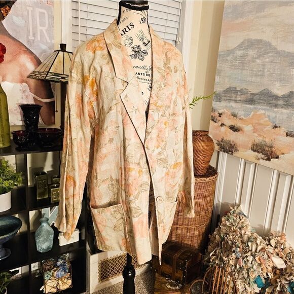 Vtg Setiage Peach Floral, Grannycore Cotton Blend Brocade Boho Blazer. - Picture 1 of 10